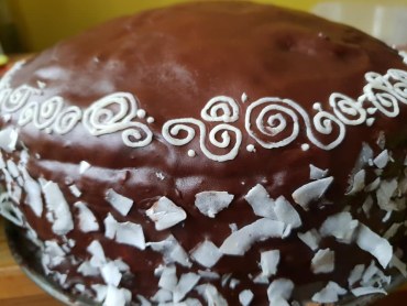 Zdjęcie przedstawia tort czekoladowy z kokosowym kremem